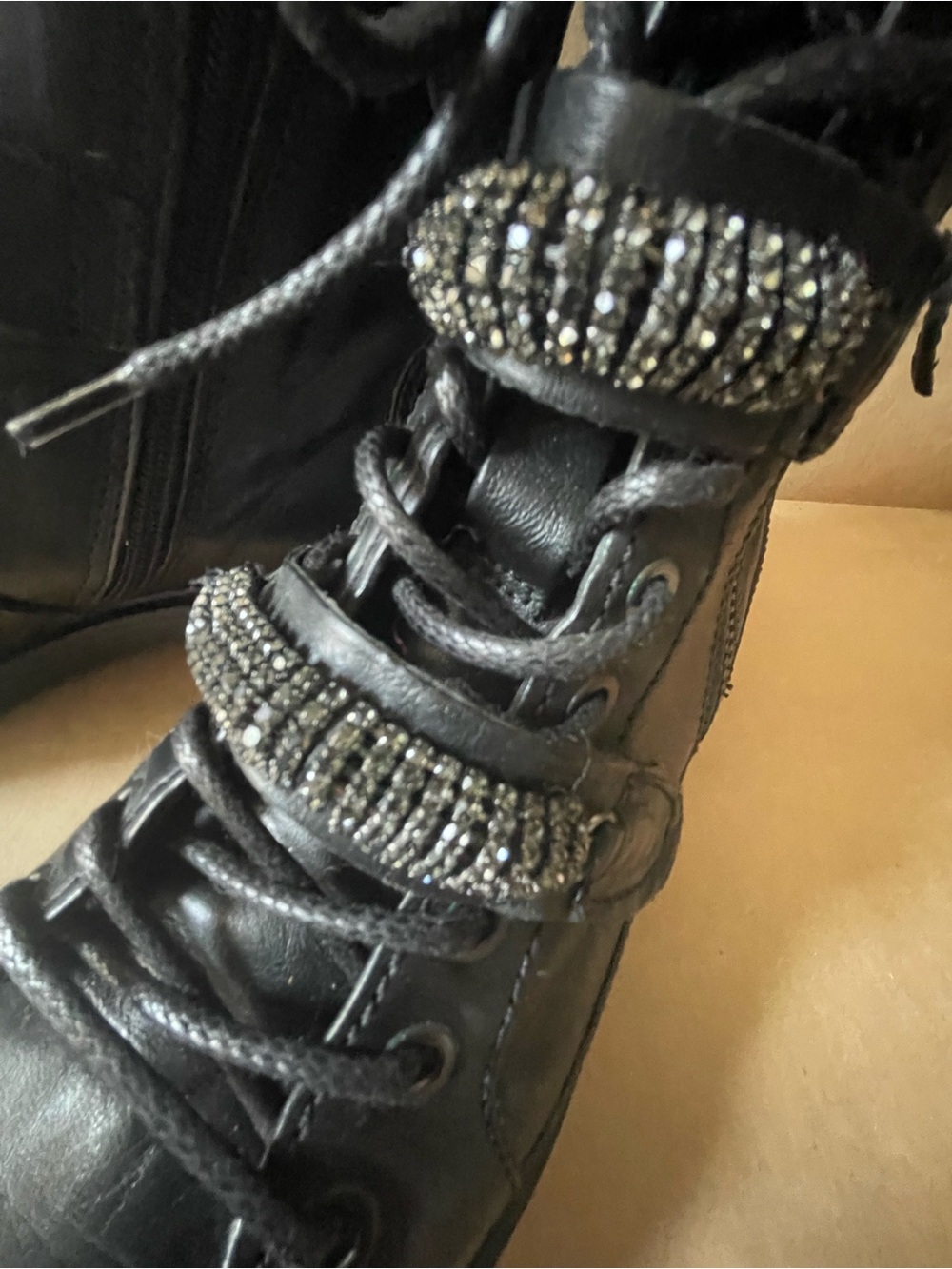 Miz Mooz Black Leather Lace-Up Ankle Boots with Rhinestone Straps